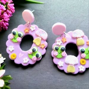 Frog and Mushrooms Clay Earrings, Lightweight Earrings Gift for Friend